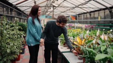 Bahçe dükkanında çiçek izleyen romantik genç çift..