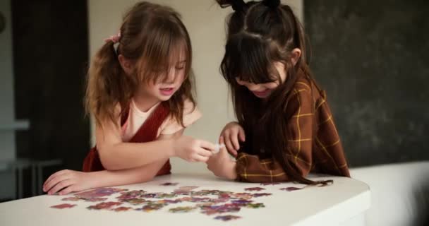 Deux Enfants Divers Jouant Des Puzzles Maison — Video