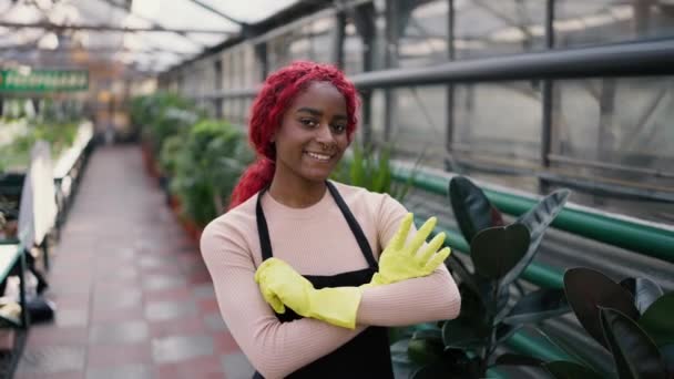 Porträtt Ung Multietnisk Kvinna Tittar Kameran Poserar Stående Växthus — Stockvideo
