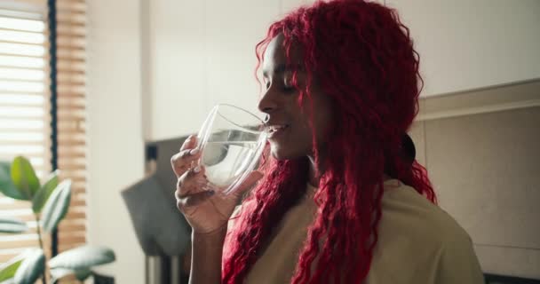 Lockige Fröhliche Afroamerikanerin Die Morgens Ein Glas Frischwasser Trinkt — Stockvideo