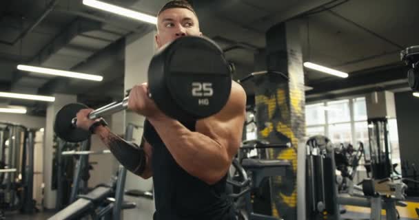 Close View Sporty Man Performing Barbell Curls Gain Lean Biceps — Stock Video