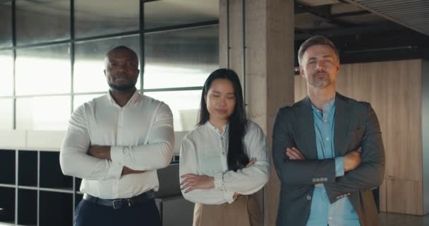 Bir Ofisteki Çok Irklı Başarılı Insanlardan Oluşan Bir Üçlü Kollarını — Stok video