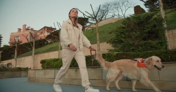 Uma Jovem Loira Roupas Leves Caminha Com Seu Cachorro Cor — Vídeo de Stock