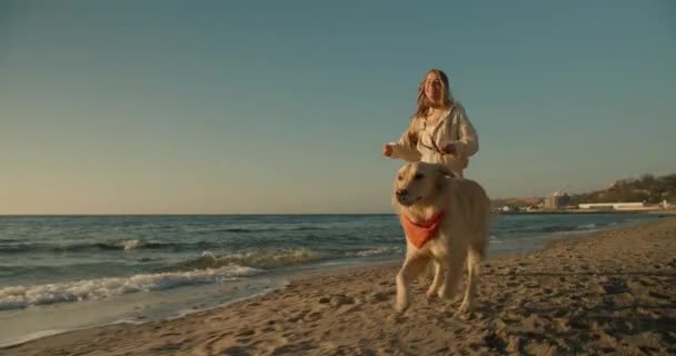 Een Close Van Een Happy Morning Run Met Hond Blond — Stockvideo