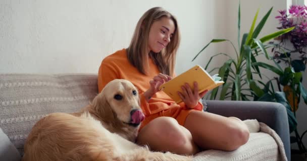 Seorang Gadis Pirang Dalam Jaket Oranye Membaca Buku Kuning Sampingnya — Stok Video