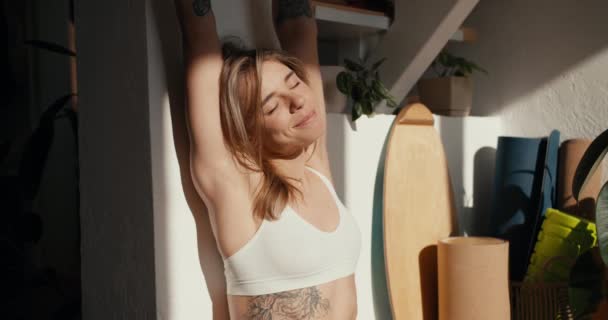 Blonde Girl White Top Rejoices Morning Stretches Morning Exercises Keep — Stock Video