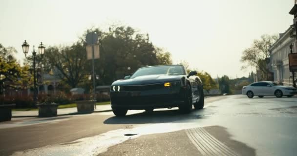 Beautiful Gray Dark Gray Cabriolet Rides Morning Street Girl Back — Stock Video