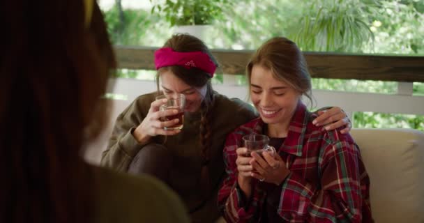 在大自然的凉亭里交流美丽的女孩 一个穿红衫的女孩 一个穿绿T恤的女孩 和她的朋友聊天 — 图库视频影像