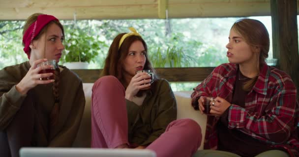 至近距離から撮影すると ブルネットの女の子は人生から彼女の友人の物語を伝えます 同時に 彼らは自然の中でガゼボでお茶を飲む — ストック動画