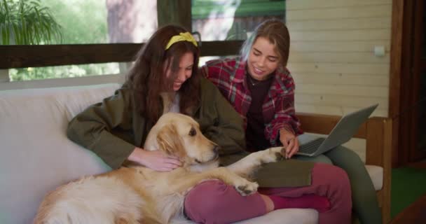Две Девочки Играют Собакой Девушка Красной Рубашке Девушка Зеленой Куртке — стоковое видео