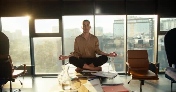 Žena Hnědé Košili Sedí Stolem Ověřuje Slunné Kanceláři Panoramatickými Okny — Stock video