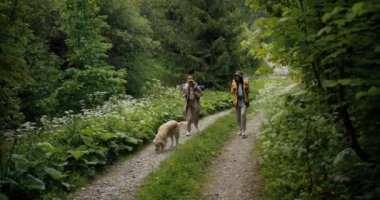 İki kız, bir sarışın ve özel turist üniformalı bir esmer, büyük köpekleriyle birlikte özel bir merdivende güzel yeşil bir orman boyunca yürürler..