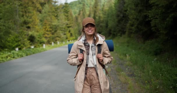 Blonde Girl Special Clothes Hiker Light Brown Color Poses Road — Stock Video