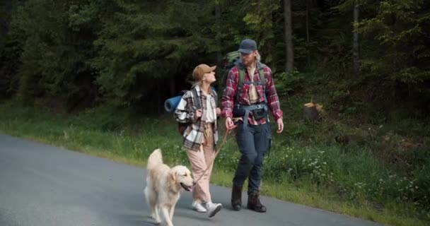Bir Adam Bir Kız Özel Giysiler Içinde Gezerler Köpekleriyle Yürüyüş — Stok video