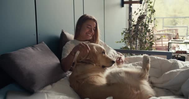 Glad Blond Jente Petting Hunden Sengen Hjemme Mot Bakgrunnen Turkis – stockvideo