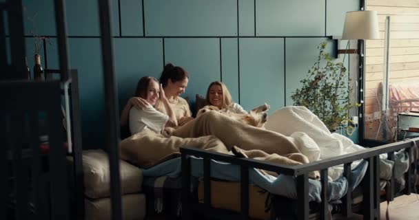 三个快乐的女孩和她们那只浅色的大狗躺在床上 沟通和快乐时光 — 图库视频影像