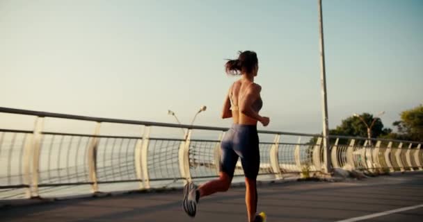 穿着夏季运动服的快乐的女运动员早上慢跑的头像 — 图库视频影像