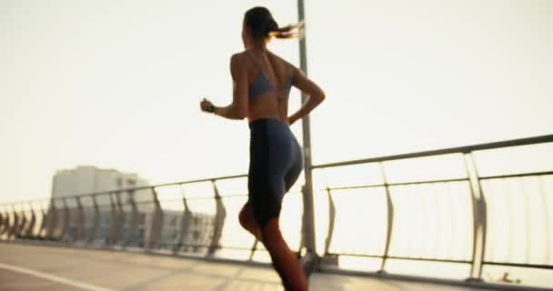 Οπίσθια Όψη Ενός Κοριτσιού Αθλητική Στολή Που Κάνει Πρωινό Τρέξιμο — Αρχείο Βίντεο