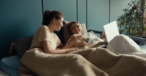 ブロンドの女の子とブルネットの少女は ライトカラーの犬と毛布に包まれてベッドに横たわり ラップトップの画面を見ています — ストック動画
