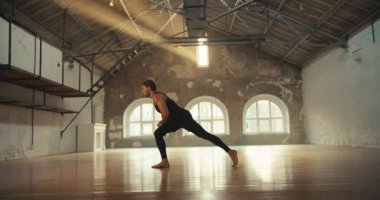 Spor yaz üniformalı bir adam güneşli tuğla bir salonda yoga eğitiminde esneme hareketleri yapar..