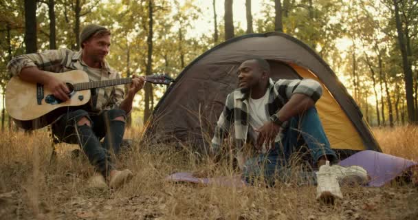 피부를 남자는 셔츠에 모자에 남자는 숲에서 텐트에 기타를 — 비디오
