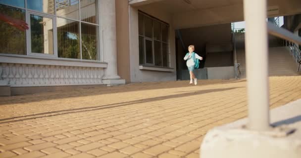 Anak Laki Laki Pirang Yang Bahagia Dengan Pakaian Biru Dan — Stok Video