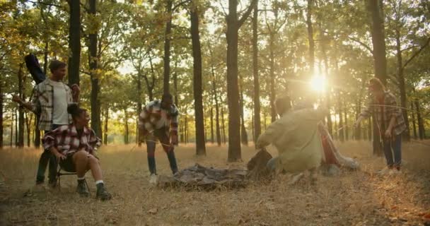 一队由六个人组成的快乐的徒步旅行小组整理好他们的东西 并搭建起一个帐篷 与枯干的草一起在夏绿的森林里过夜 在夏天的森林里集体远足时的休息 — 图库视频影像