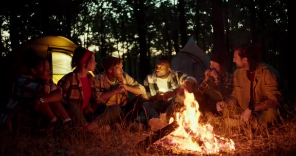 休憩中のスカウトのグループは バックグラウンドのテントで夜の森の火の近くの恐ろしい物語を互いに伝えます — ストック動画
