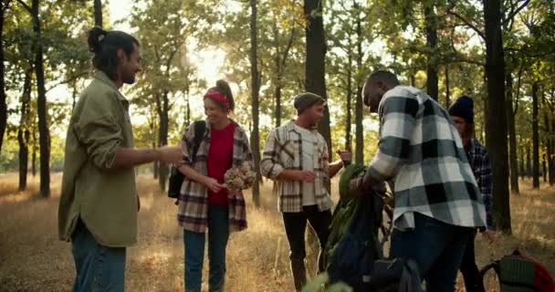 Szczęśliwa Grupa Ludzi Zatrzymuje Się Przystanku Zdejmuje Plecaki Letnim Lesie — Wideo stockowe