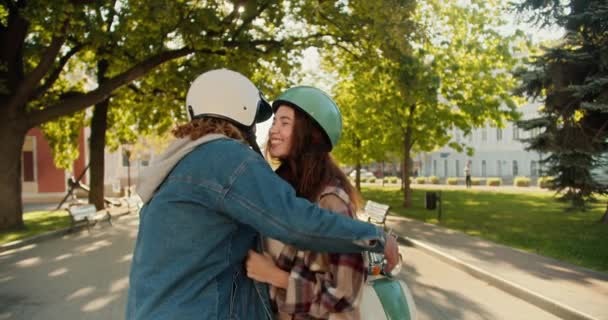 Happy Couple Brunette Girl Checkered Shirt Green Motorcycle Helmet Her — Stock Video