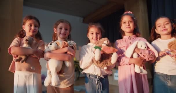 Ampliar Retrato Cinco Niñas Edad Preescolar Con Sus Juguetes Suaves — Vídeos de Stock