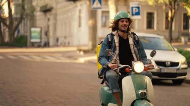 Happy Guy Long Curly Hair Green Helmet Denim Jacket Green — Stock Video