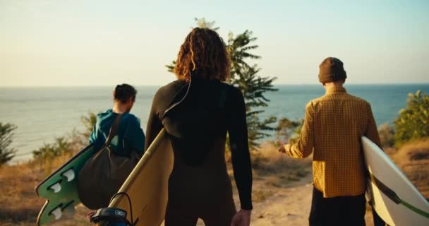 一个黑褐色湿衣卷发的男人和他的两个朋友沿着小树走在一条小路上 来到蓝色的海面上冲浪 — 图库视频影像