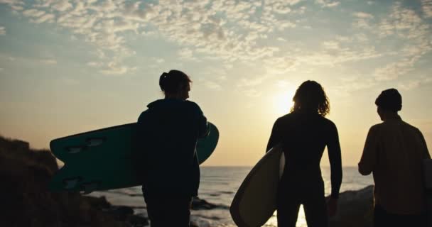 Silhouet Van Drie Jongens Die Surfplanken Hun Handen Houden Staan — Stockvideo