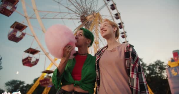 在游乐园的摩天轮旁 一位穿着粉色格子花衬衫的金发姑娘和一位穿着绿色衬衫的绿短发姑娘正在拿着一个巨大的粉色棉花糖 — 图库视频影像