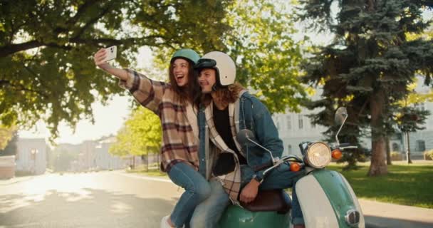 Happy Brunette Girl Checkered Shirt Jeans Takes Selfie Using Her — Stock Video