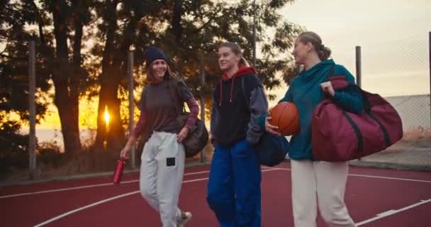 Szczęśliwe Towarzystwo Koszykarzy Dziewcząt Spaceruje Boisku Piłką Rękach Komunikuje Się — Wideo stockowe