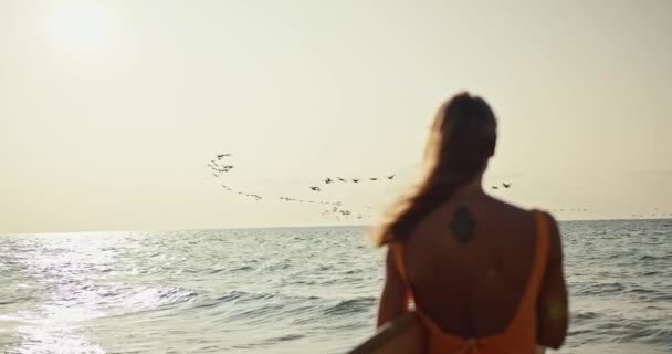 Rear View Blonde Girl Orange Swimsuit Standing Surfboard Seashore Looking — Stock Video