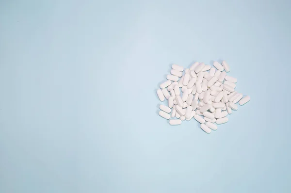 Spilled Medications Pills Blue Background Pharmacology Medicine Struggle Health — Fotografia de Stock