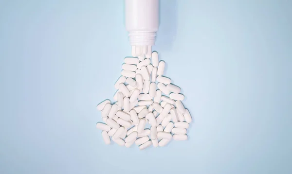 Medicine Bottle Pills Spilled Light Blue Background Medicines Prescription Pills — Fotografia de Stock