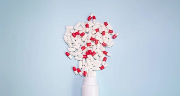 Medicine Bottle Pills Spilled Light Blue Background Medicines Prescription Pills — Fotografia de Stock