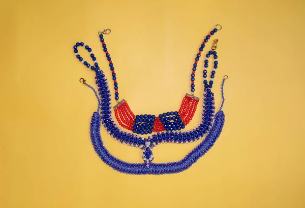 Beads Jewelry Beads Necklaces Yellow Background — Stockfoto