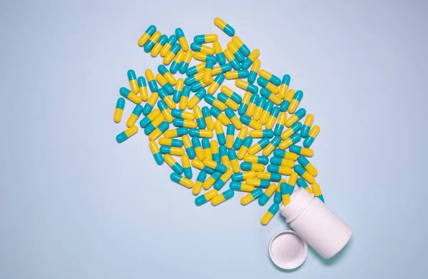 Assorted Pharmaceutical Medicine Pills Tablets Capsules Blue Background Medicine Concept — Stockfoto