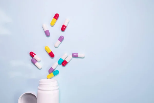 Medicine Bottle Pills Spilled Light Blue Background Medicines Prescription Pills — Stockfoto