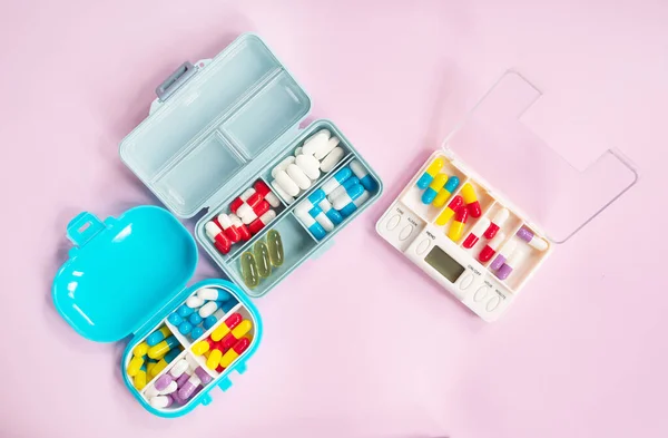 Plastic Boxes Different Pills Light Pink Background — Stockfoto