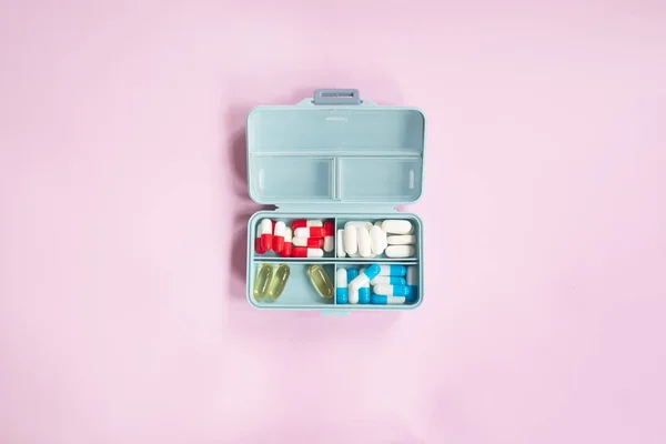 Plastic Box Different Pills Light Pink Background Space Text — Stock Photo, Image