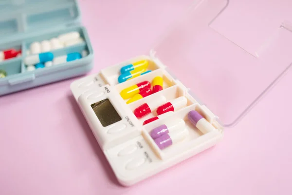 Plastic Boxes Different Pills Light Pink Background — Photo
