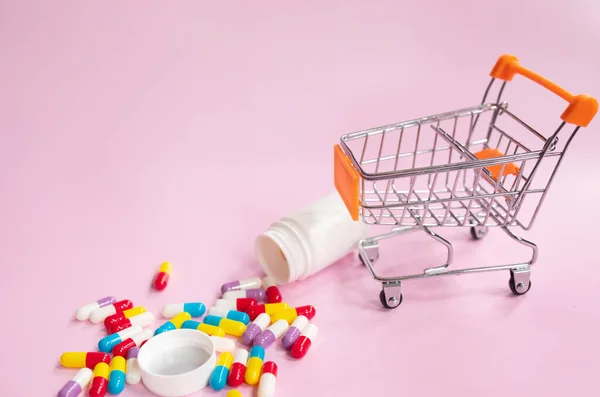 Shopping Cart Pills Tablets Light Background — Photo