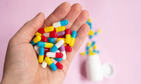 Pills Hand Light Background Taking Your Medication Medicine Concept — Zdjęcie stockowe