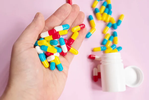 Pills Hand Light Background Taking Your Medication Medicine Concept — Zdjęcie stockowe